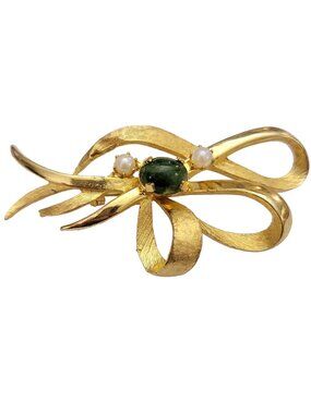 Gold Tone Jade Pearl Bow Ribbon Brooch, Designer Style M840